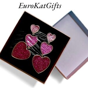 CUTE Pink Heart Drop Earrings sparkly enamel metal alloy stud backs NEW NWT